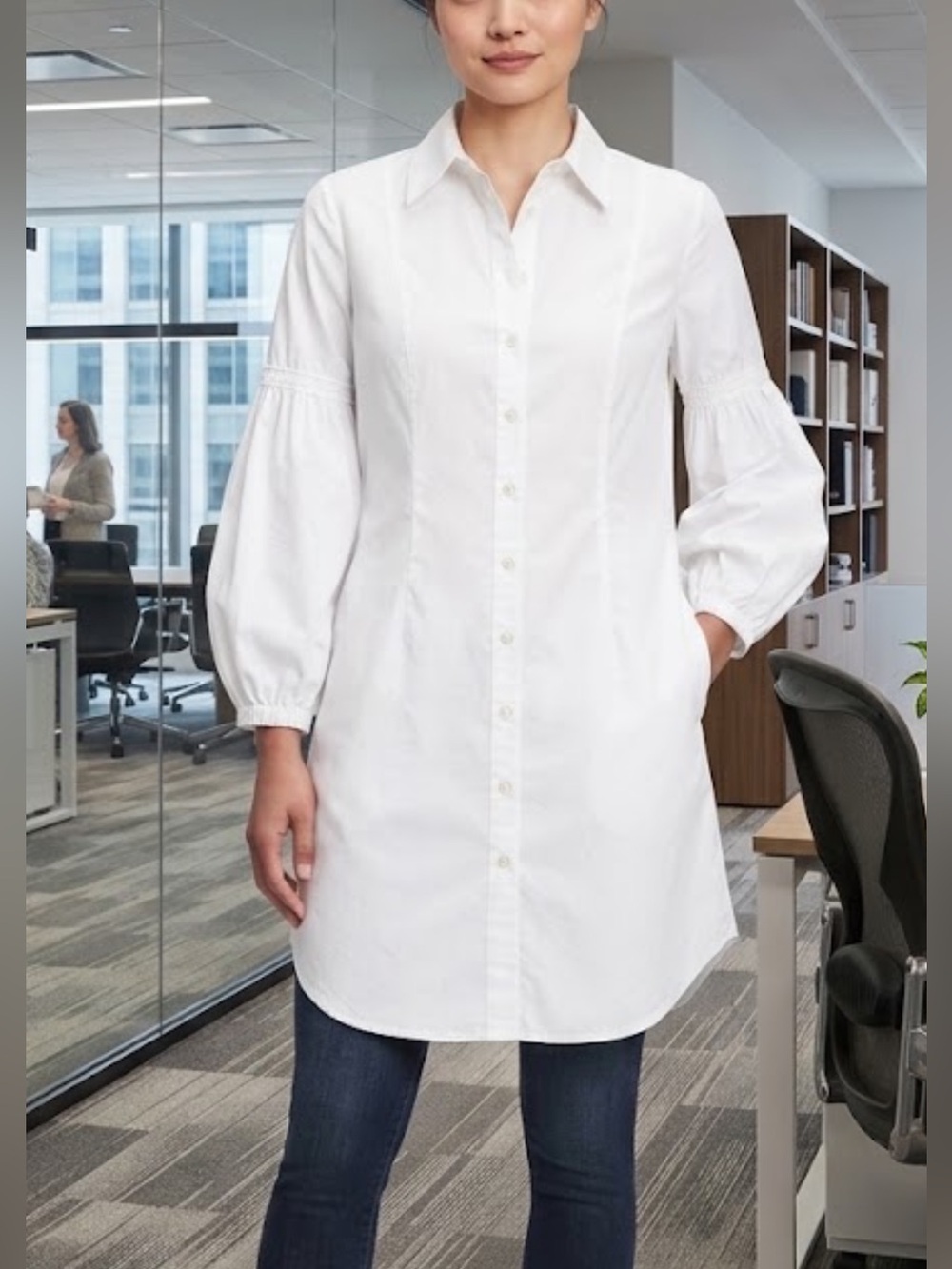 Newport News White Long-Sleeve Shirt Dress